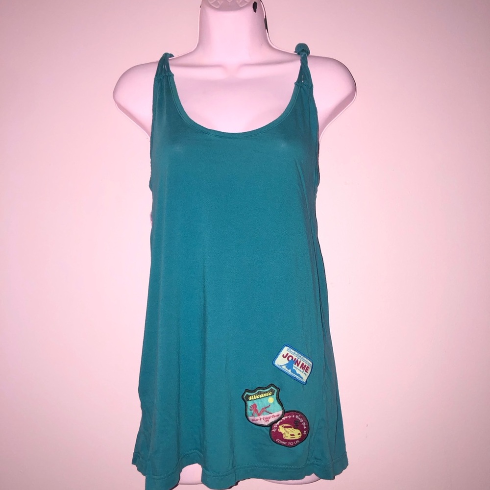 y2k blue racer back mudflap girl patch beachy tank top